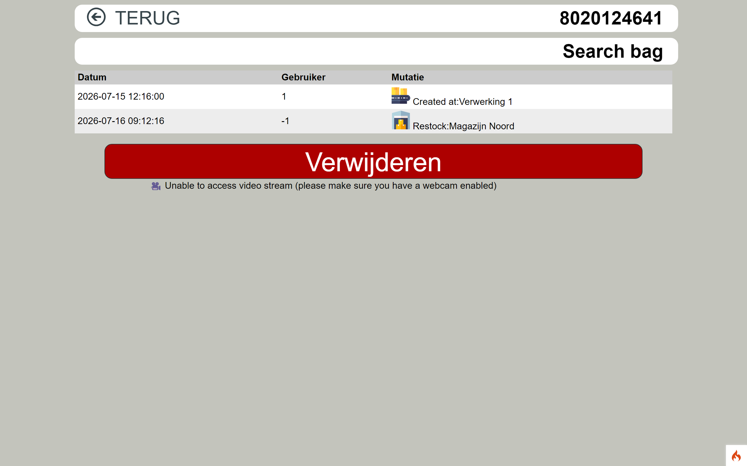 Historie van één zak met per stap datum, gebruiker en status, plus een zoekveld