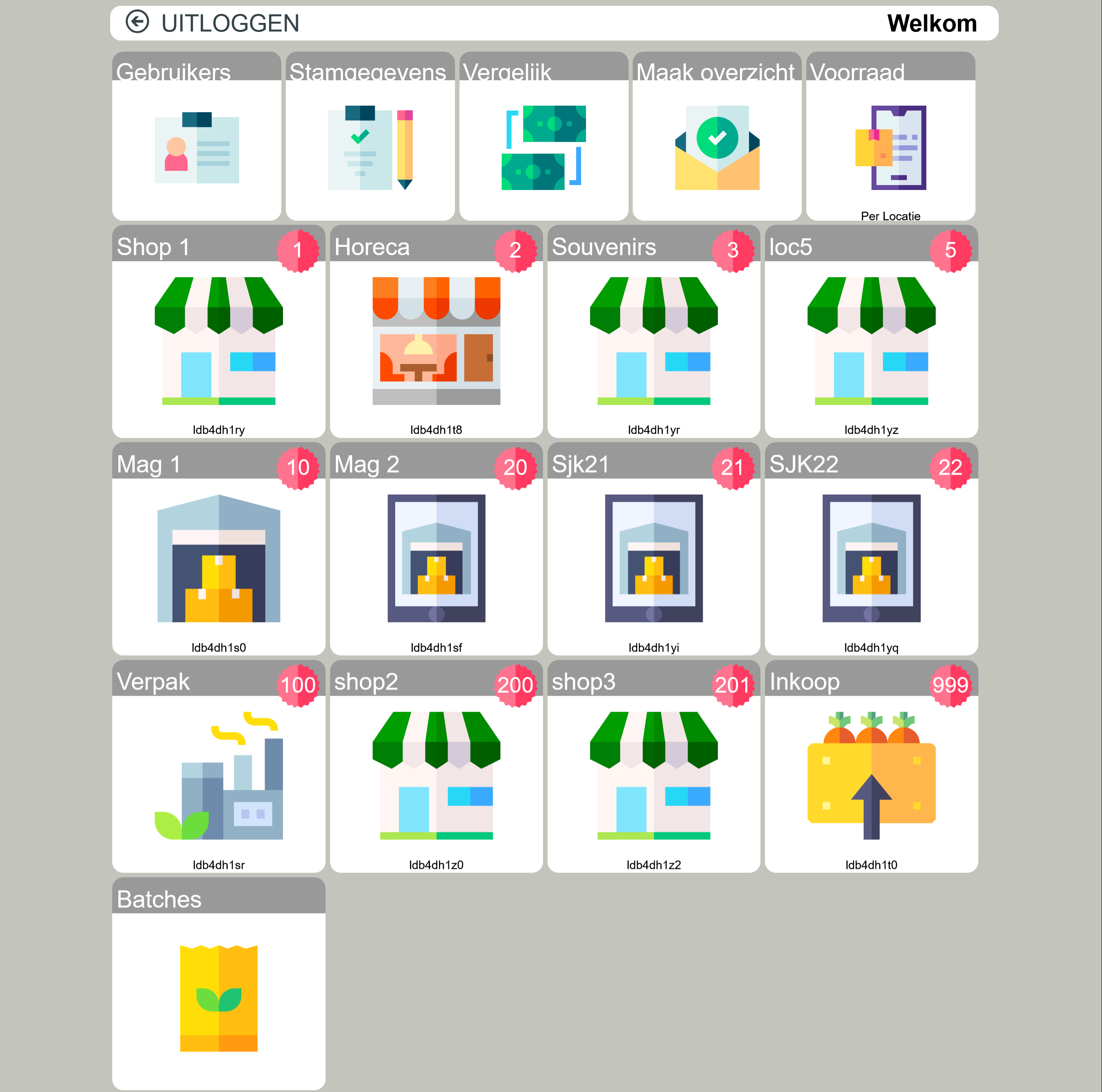 Hoofdmenu met functietegels en locatietegels
