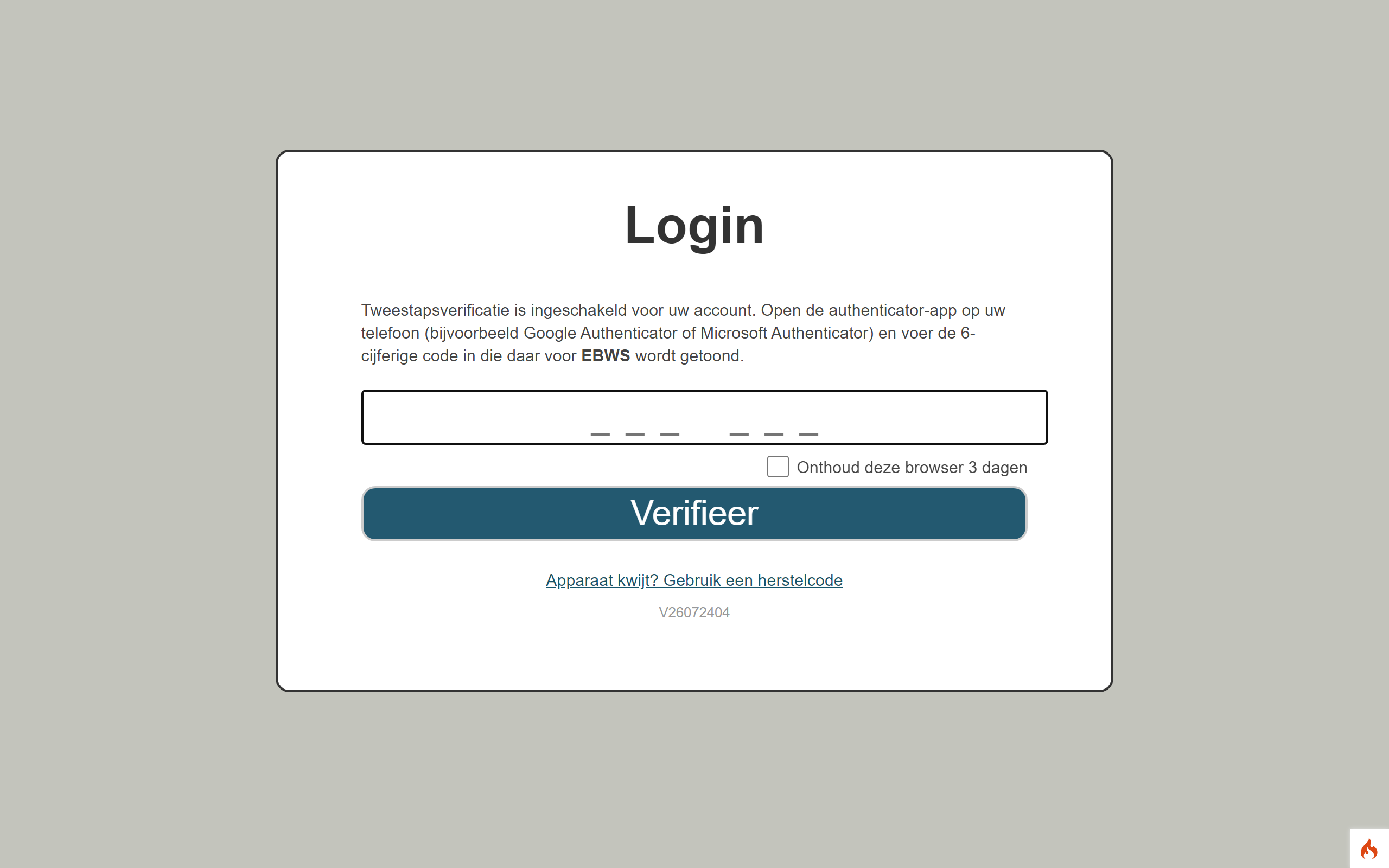 MFA-scherm met het codeveld, de optie 'Onthoud deze browser 3 dagen' en de herstelcode-optie