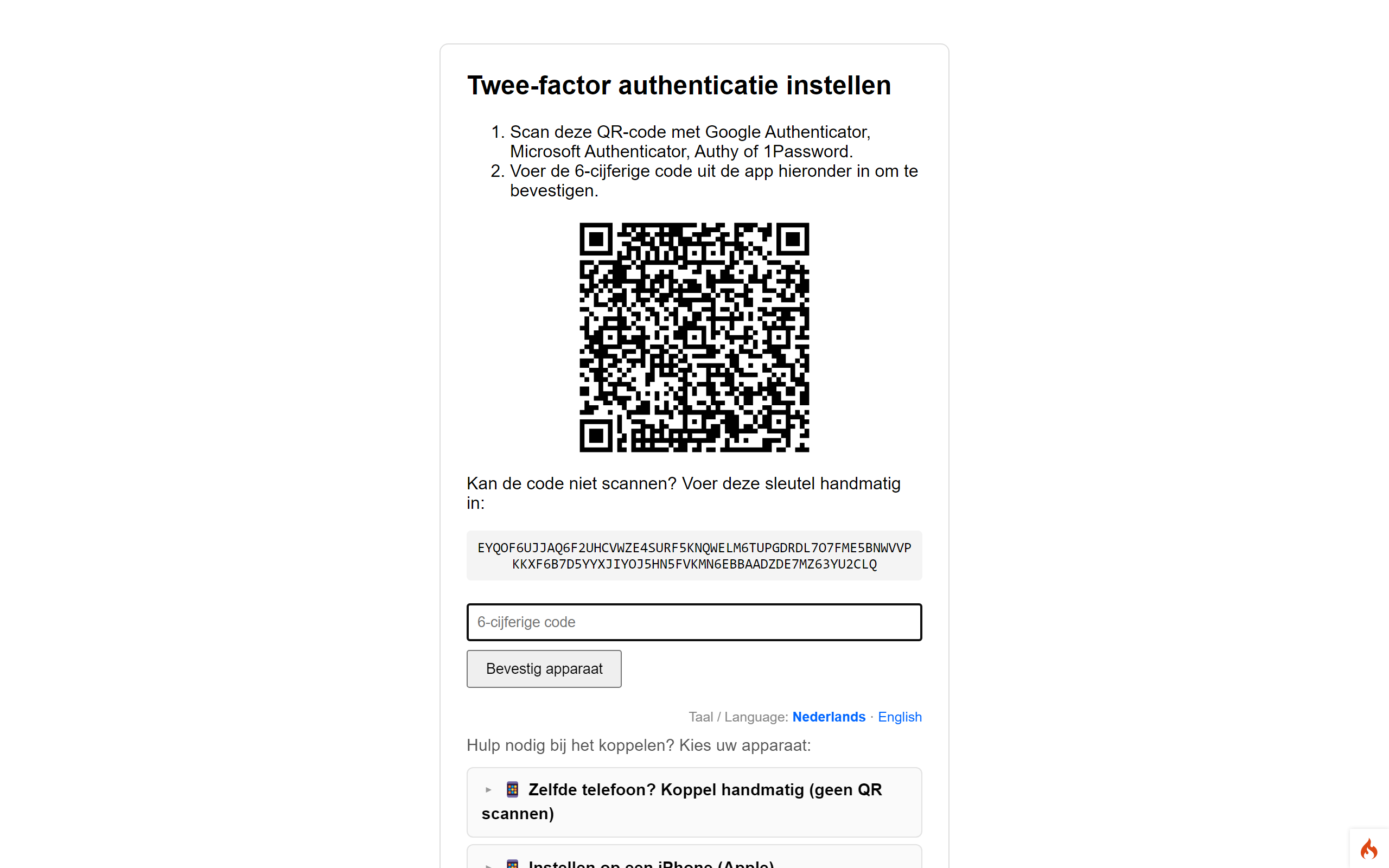 Instelscherm met QR-code, handmatige sleutel en het codeveld met de knop Bevestig apparaat