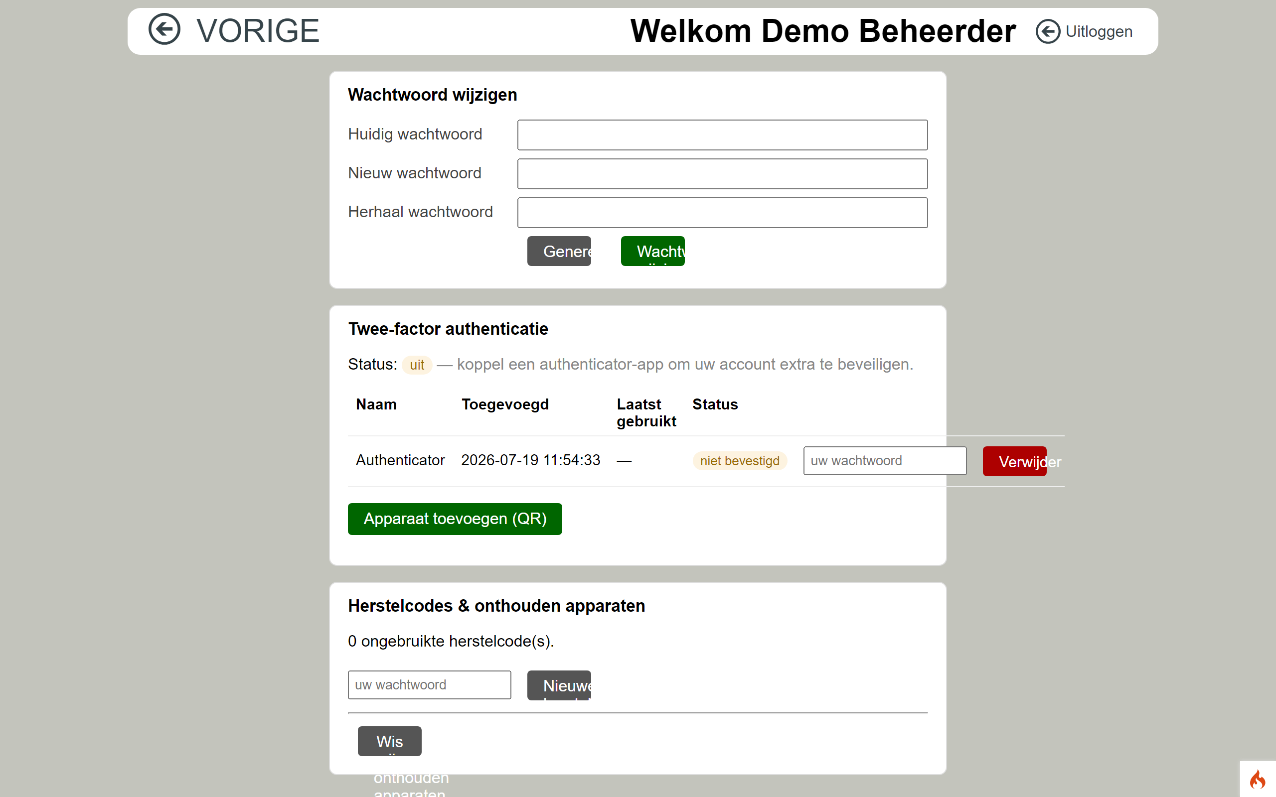 Pagina Mijn account met de kaart Wachtwoord wijzigen en de kaart Twee-factor authenticatie