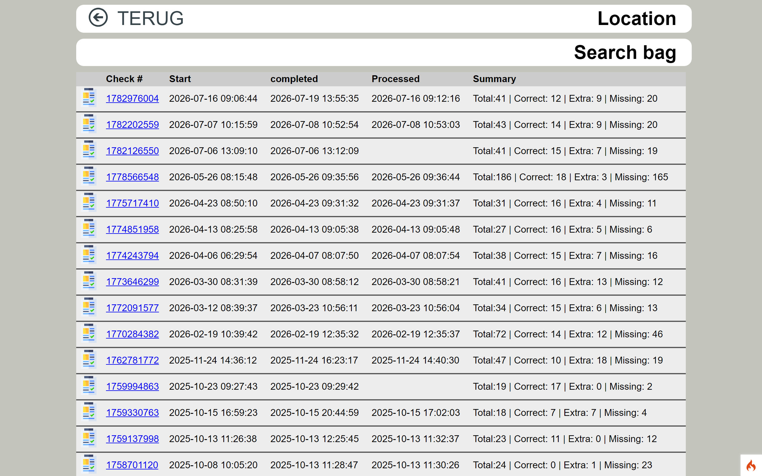Lijst met tellingen met per telling de samenvatting Total, Correct, Extra en Missing