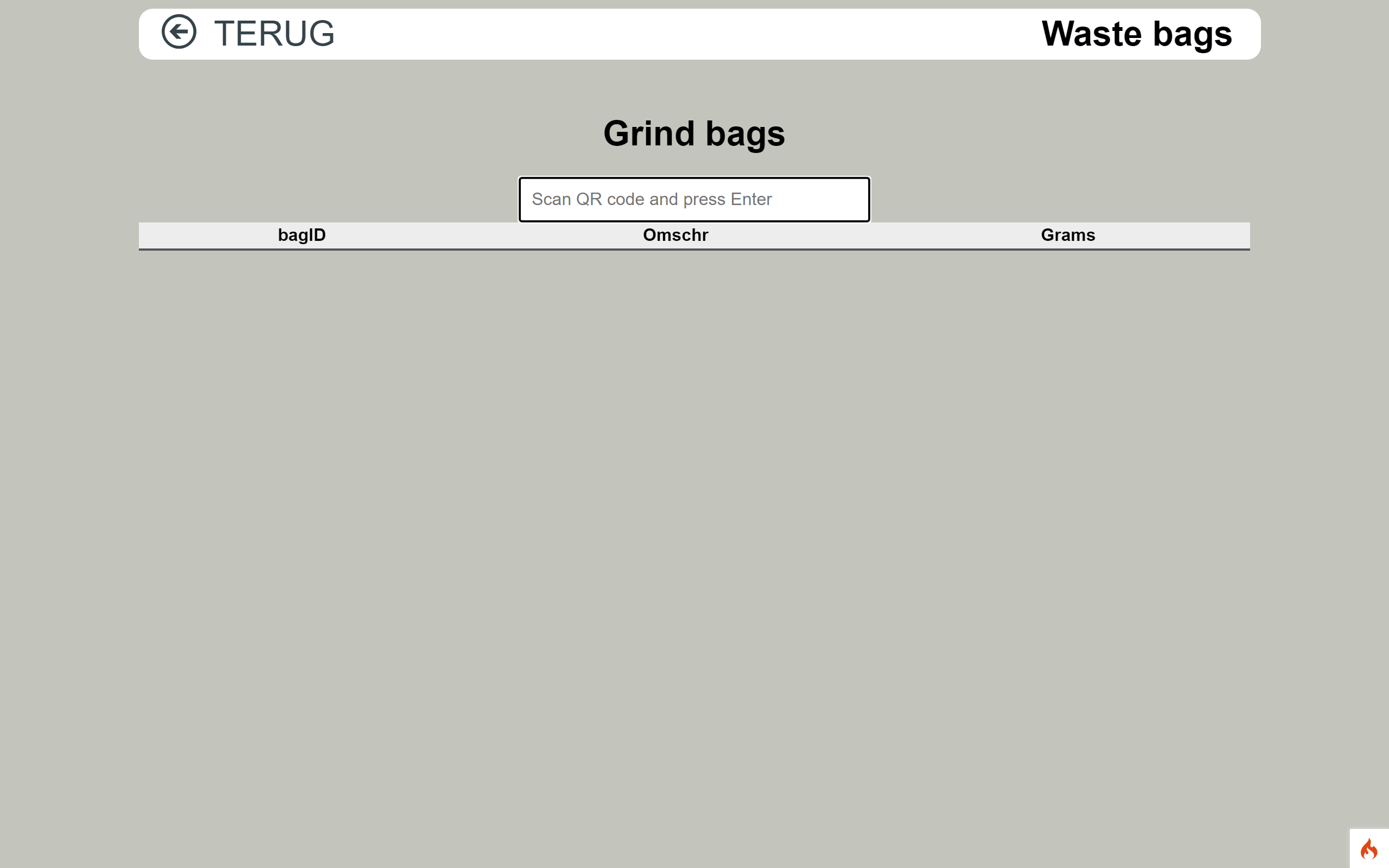 Waste bags-scanscherm; de paginakop leest abusievelijk Grind bags
